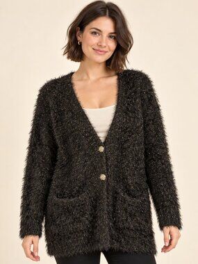 Love Crazy Black Gold Fuzzy Eyelash Cardigan Super Soft Sweater Large